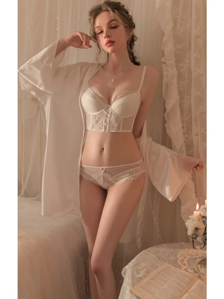 

YUQI 2025 New Push Up Bra Petite Women's Deep V Back French Lace Ultra-Thin Summer Comfort Bralette Anti-Slip Lingerie Set Sexy