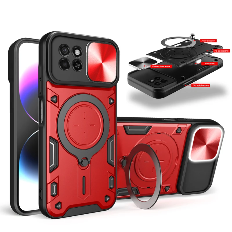 Etui na telefon Armor Slide Camera Funda For Itel S23 Plus A60 A60S A70 RS4 4G Car Magnet Holder Ring Stand Back Cover Phone Shell