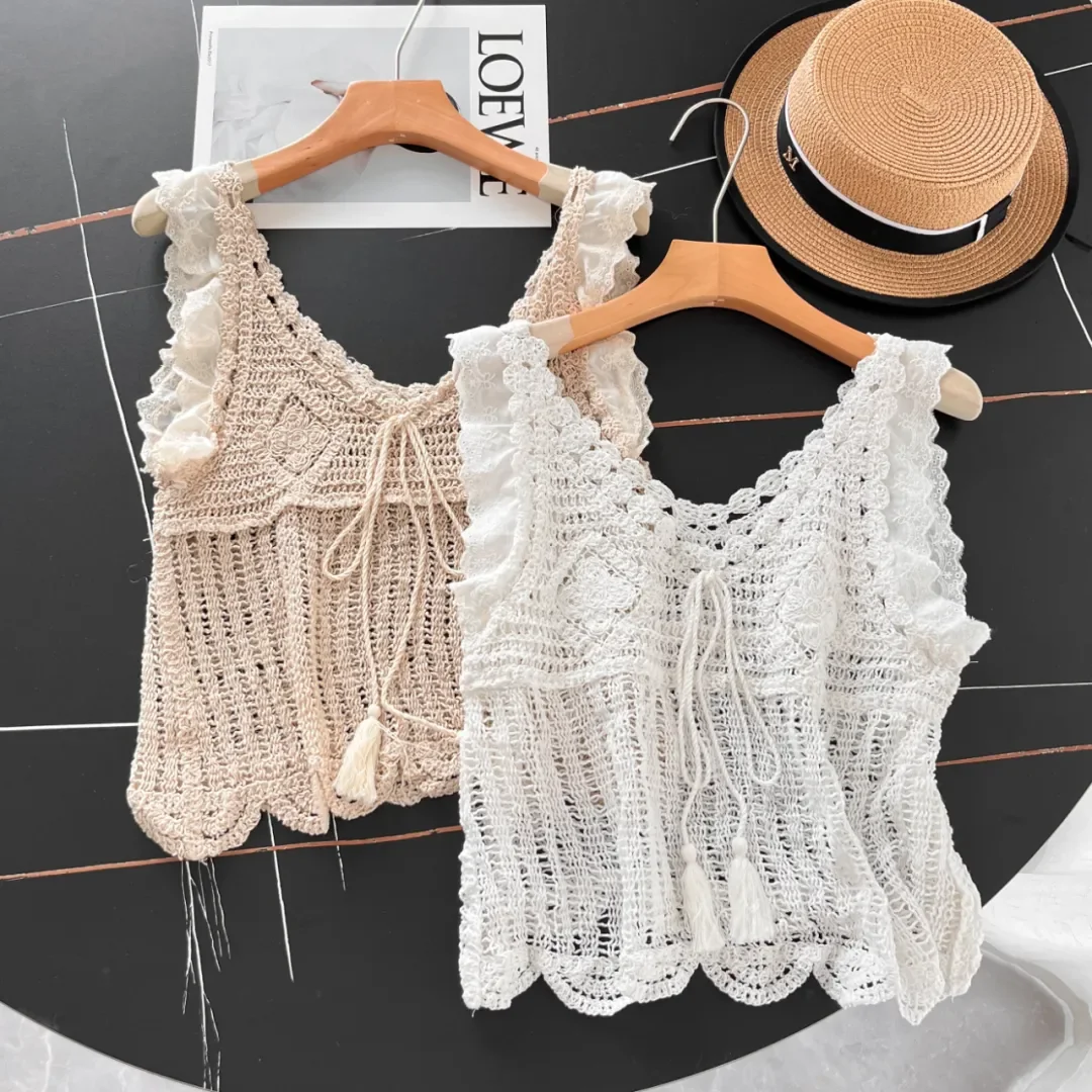 Fringed Crochet Women Tank Top Lace Flutter Sleeve Casual Summer Vacation Bohemian Style Beach Vest