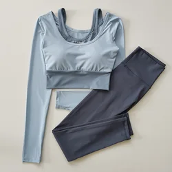 Women 2 Piece Quick-dry Yoga Set Sports Set Slim Fitness Outdoor Long-sleeve Crop Top Pad Gym Set Fitness Workout Clothes