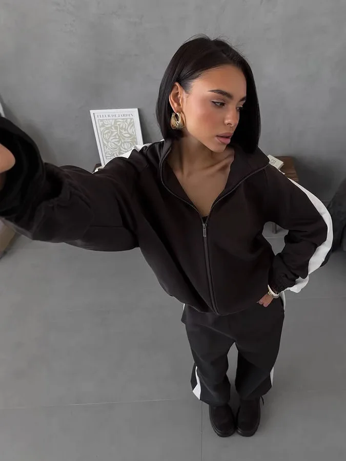 Faionable Long Sve Color Blo Sportswear Pants Set Casual Striped Women's Suit Autumn Winter High Waist Long Pants