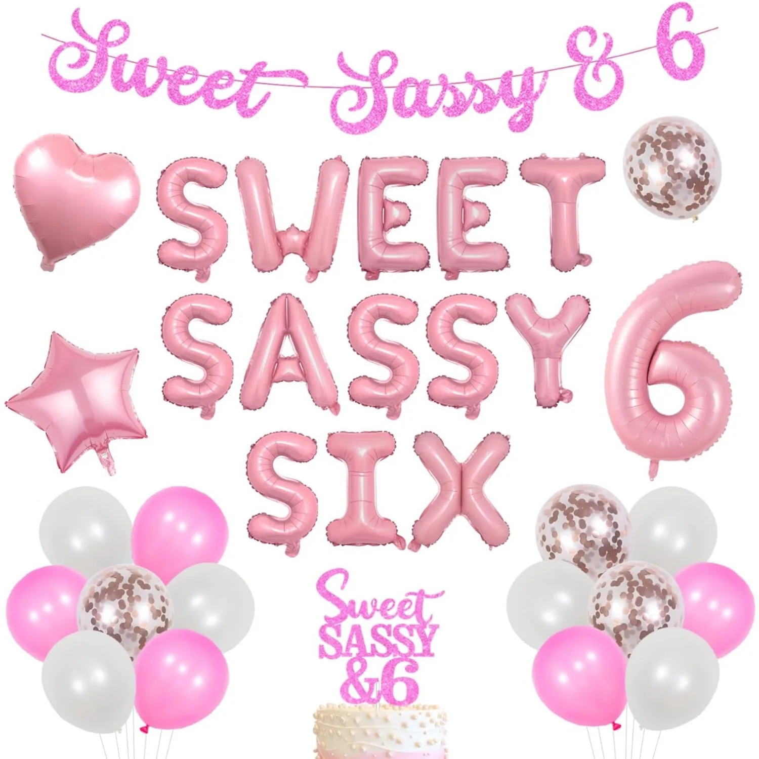 

Sweet Sassy & Six Birthday Decorations Pink Balloon Banner Sweet Six Birthday Cake Toppers Birthday for Girls 6th Party Supplies