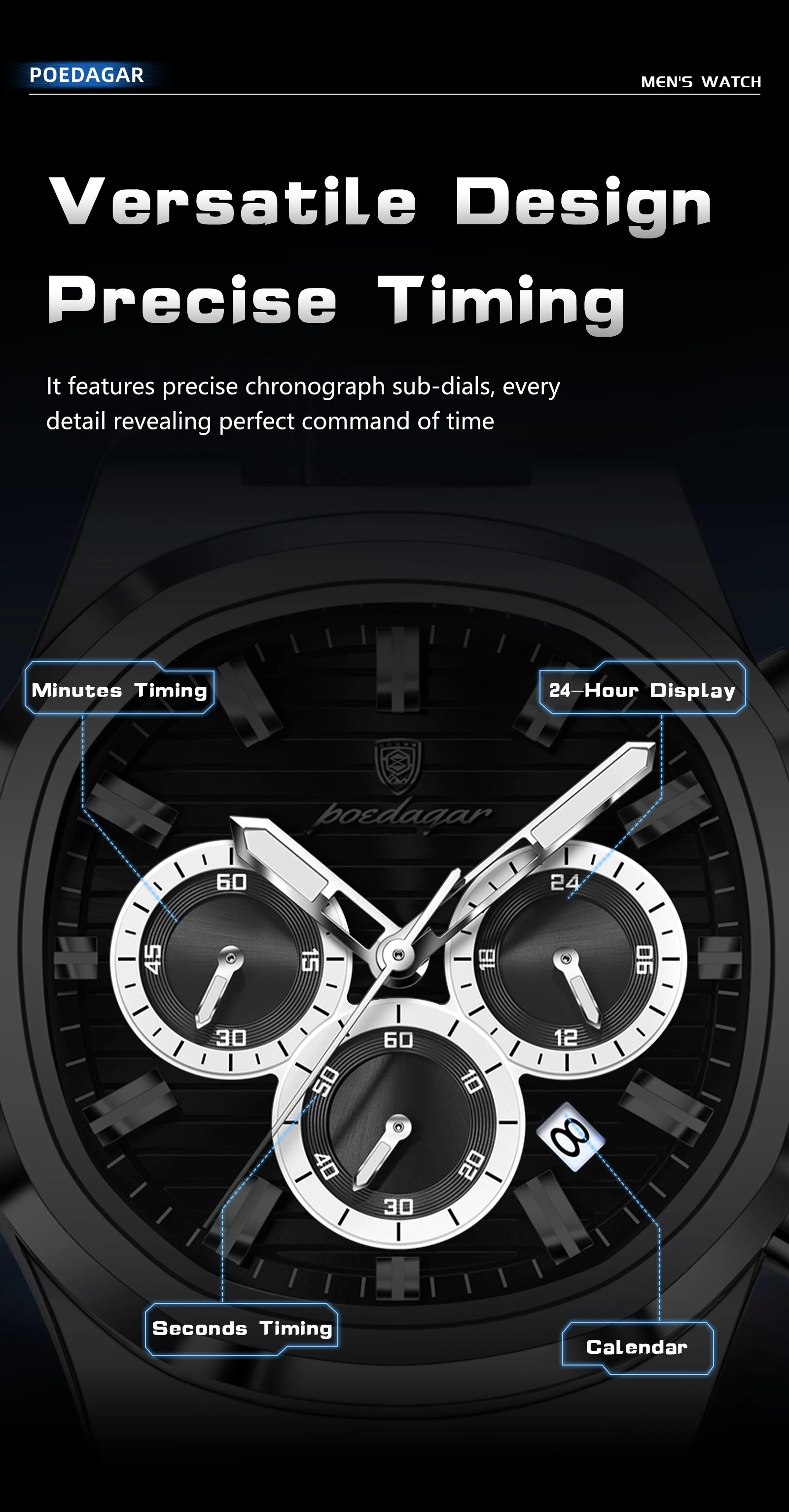 POEDAGAR Luxus-Herrenarmbanduhr, wasserdicht, leuchtend, Leder, modische Herrenuhr, Datumsanzeige, Chronograph, Quarz, elegante Herrenuhren, Reloj – Detail 7