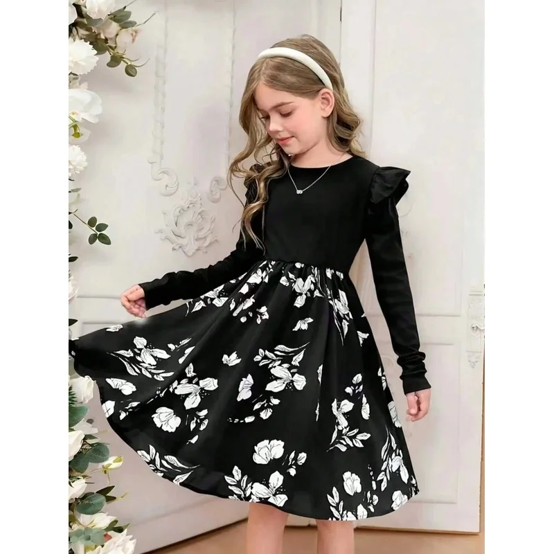 Girl's Casual Long Sleeve round Neck Floral Dress Elegant Black with White Floral Design Popular Style