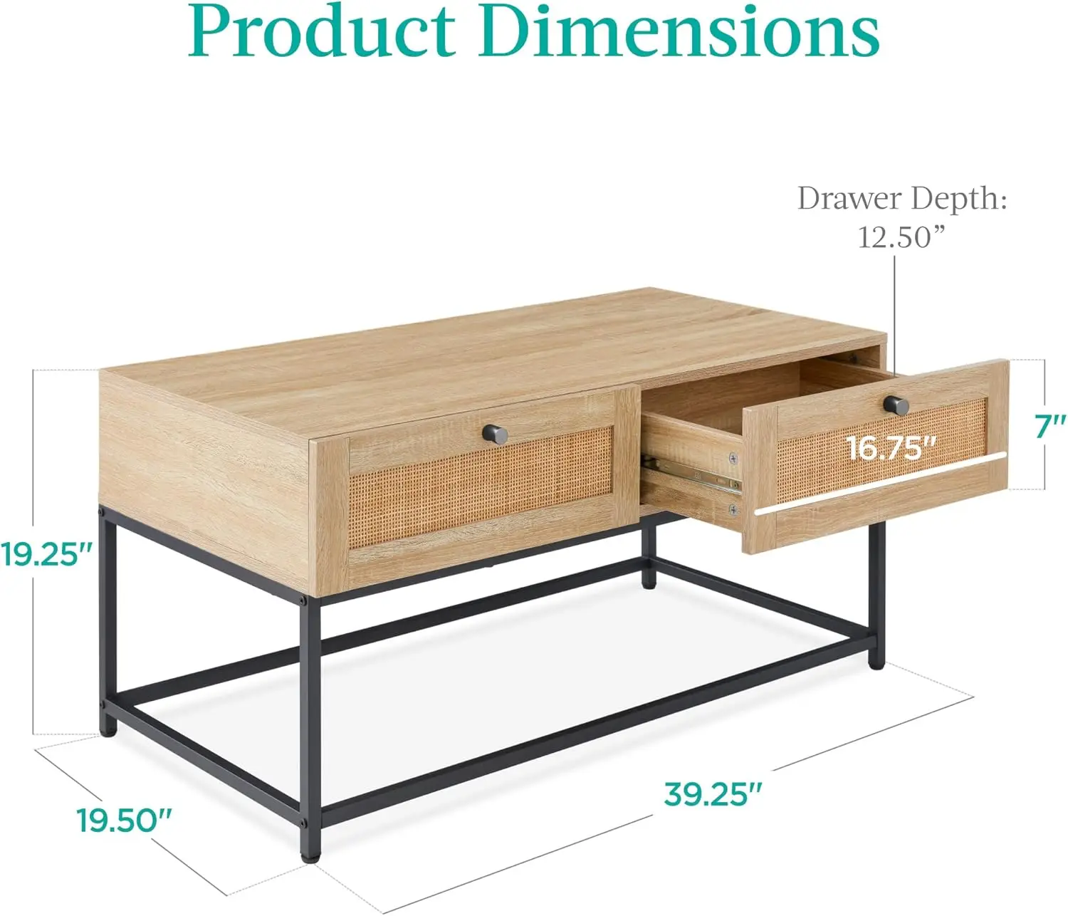 39in Rattan Coffee Table, 2-Drawer Modern Boho Home Furniture for Living Room, Bonus Room w/Wicker Storage Compartments