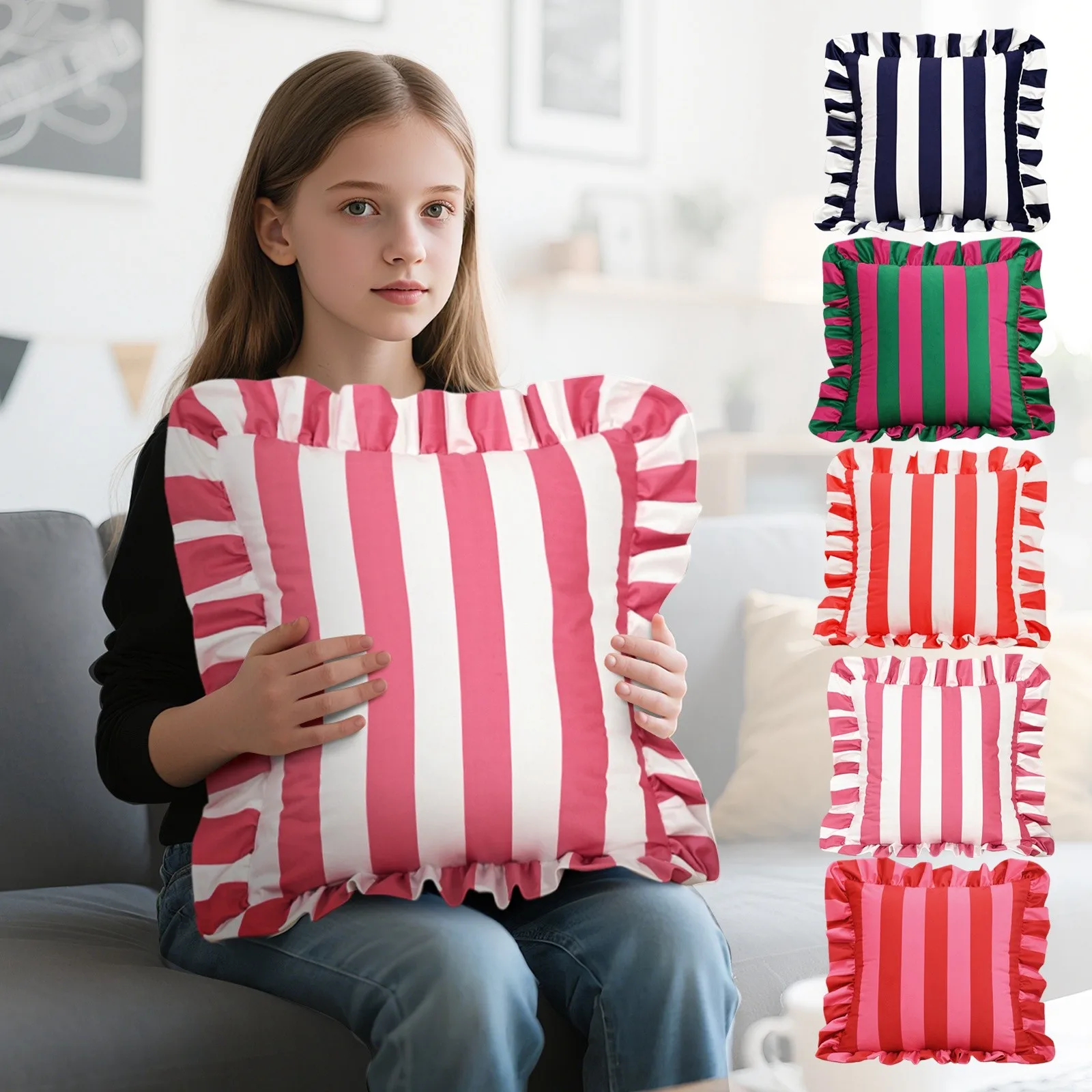 Fashion Striped Pillowcase Ruffles Edge Soft Pillow Case Home Decor Velvet Pillow Case Cover Bedroom Living Room