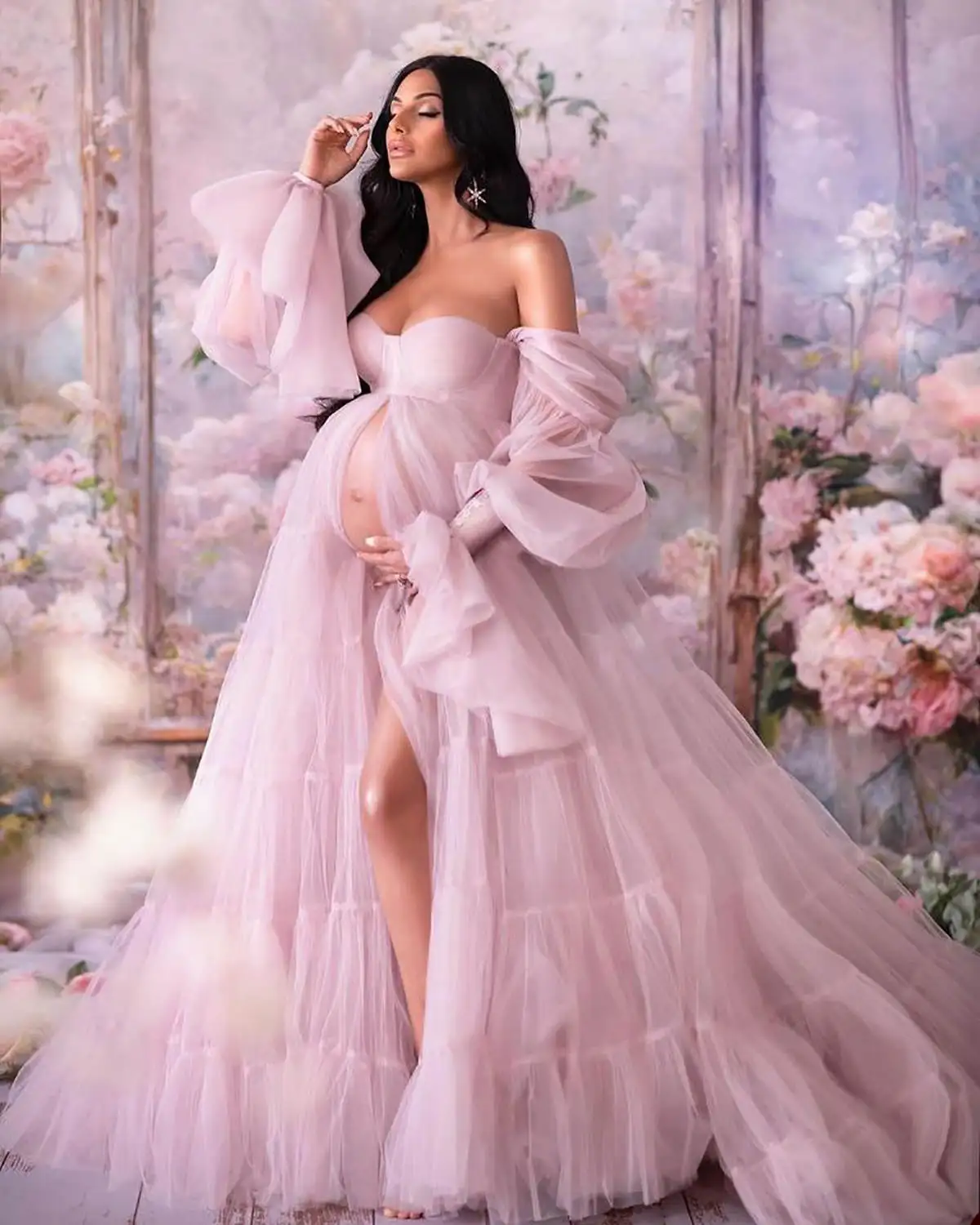 Fancy Photo Dresses for Women Photography Tulle Pregnancy Long Sleeve Robes See Through Baby Shower Maternity Party Gown