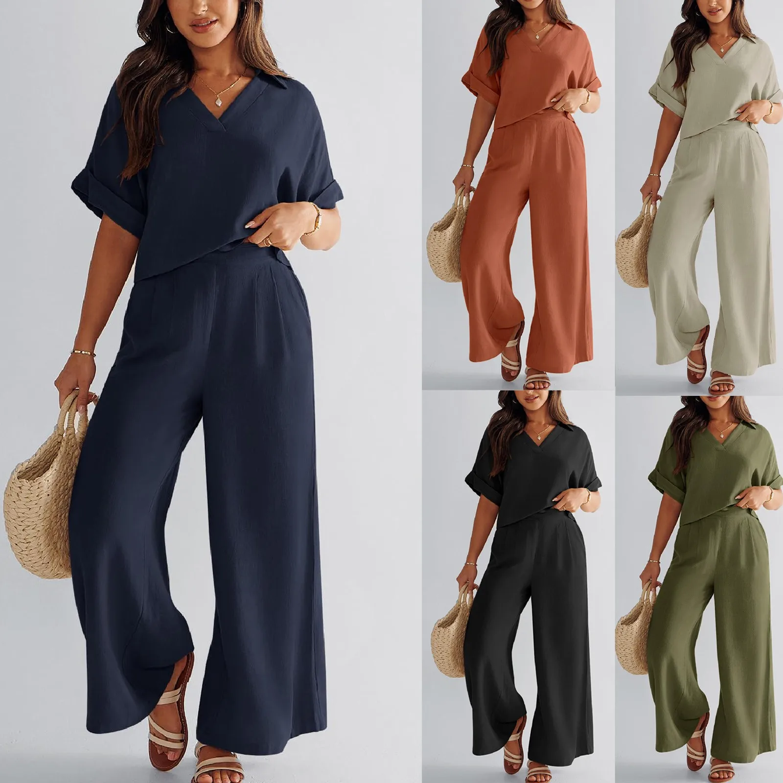 Ladies’ Solid Color Retro Basics Casual Commuting Short Sleeve V-Neck Top And Straight Long Pants Matching Set With Pockets