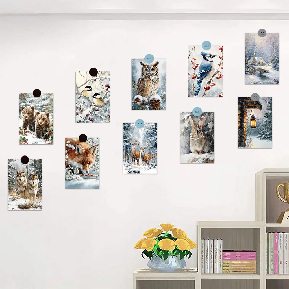 10PCS Winter Snowy Animal Card Stickers Poster Nostalgic Wall Stickers Harajuku Living Room Wall Card Decoration