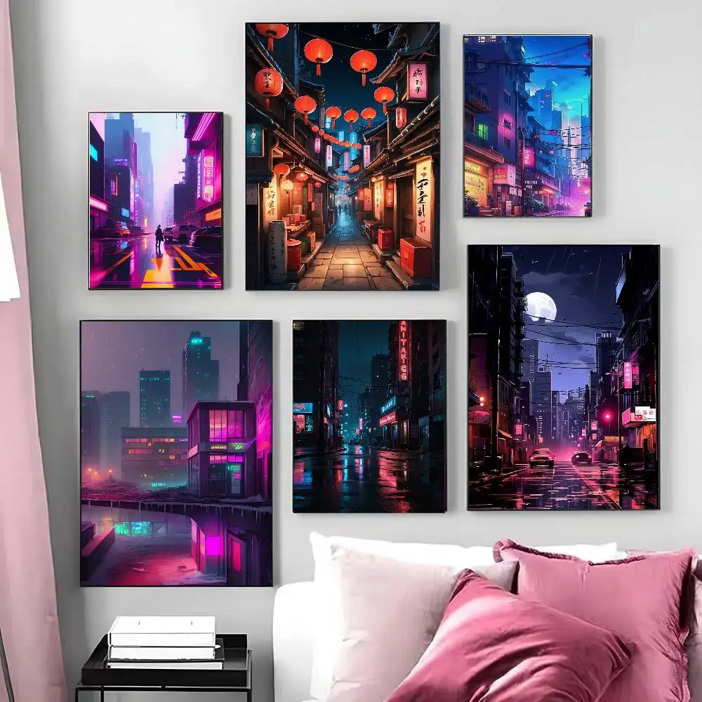Night Neon City Street Classic Anime Poster Art Sticky Wall Waterproof Home Living Room Bedroom Bar Aesthetic Decoration
