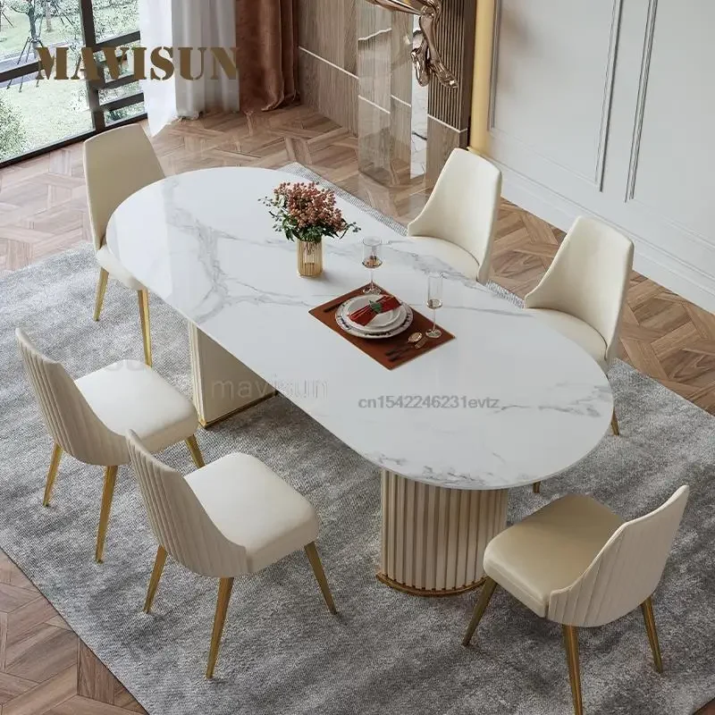 Oval Dining Table Set Concise Design Golden Stand Luxury Furniture Glossy Rock Board Home Decor Ivory Kitchen Table And Chairs