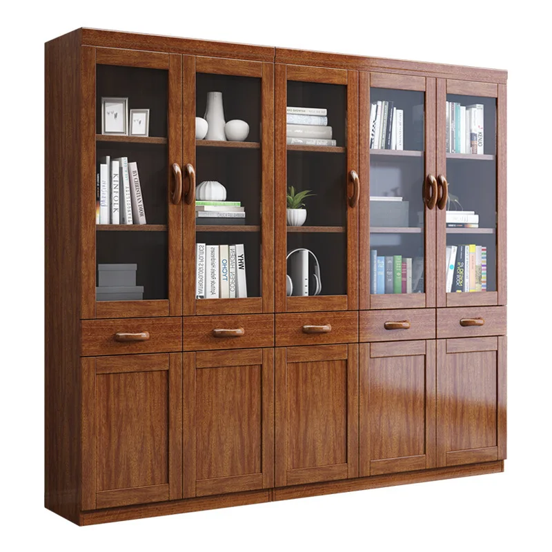 Walnut solid wood modern simple Chinese bookcase two three four door combination bookcase storage bookshelf with drawers study