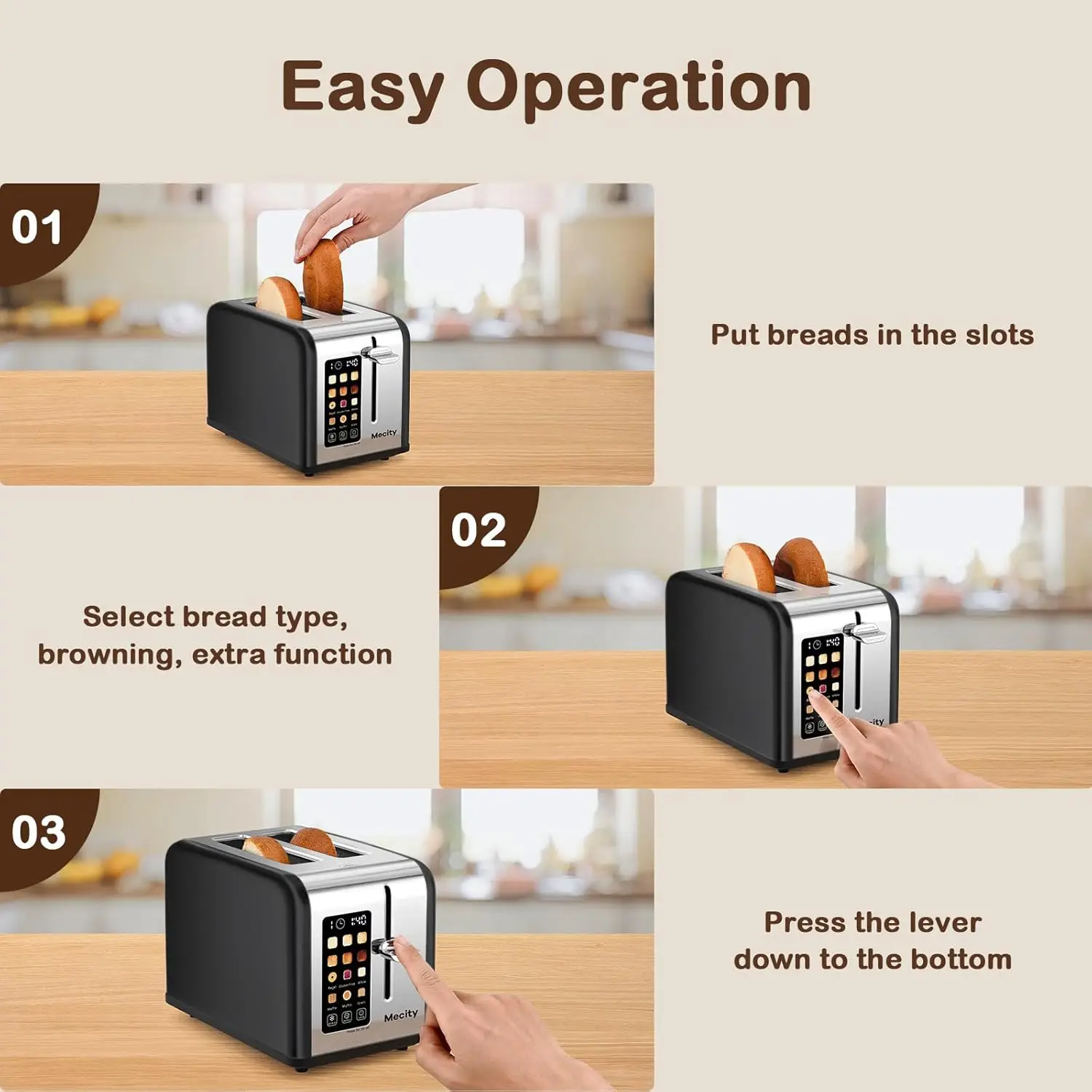 Tostadora con pantalla táctil de 2 rebanadas, ranura ancha de 1,5", tostadora inteligente de acero inoxidable para bagels, muffins, gofres, pan sin gluten, De