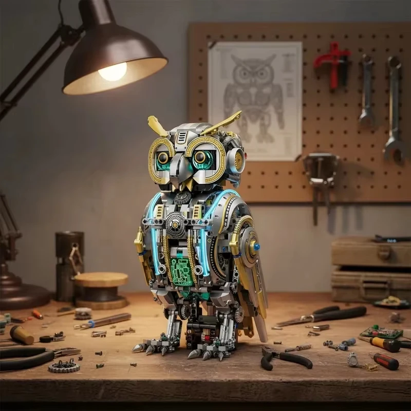 

1296pcs Mechanical Bionic Owl Building Blocks Technical MOC Model With Light Creative Ornament Gift For Adults Kids