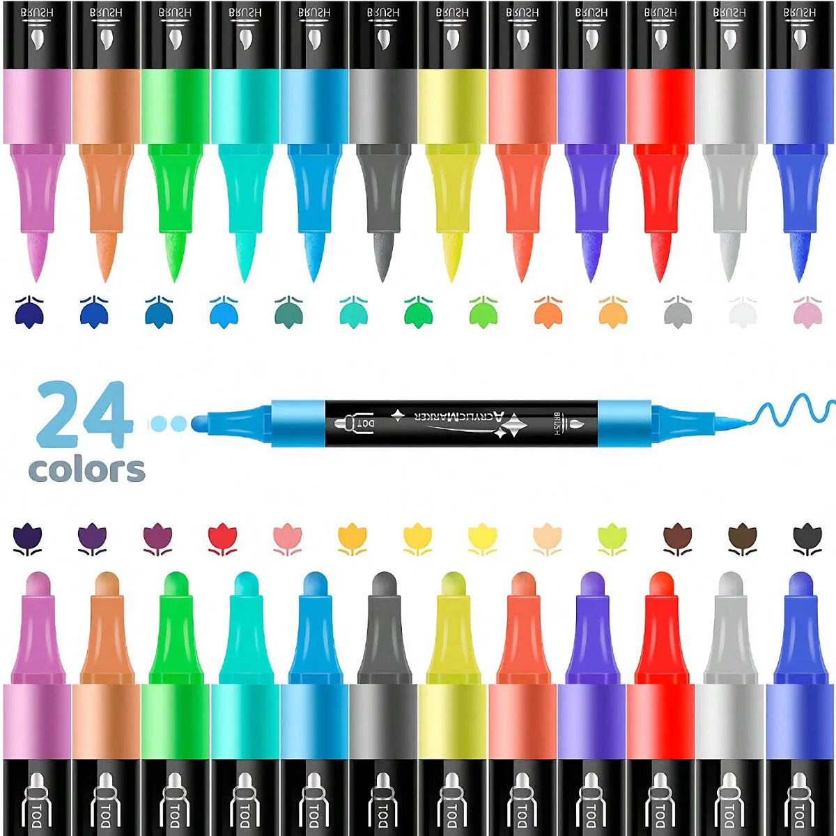 24-Farben-Acrylfarben-Marker-Set – Dual Tips (Pinsel & Punkt) – Nicht brühend, keine Verschmiertinte – perfekt für Stein, Holz, Leinwand