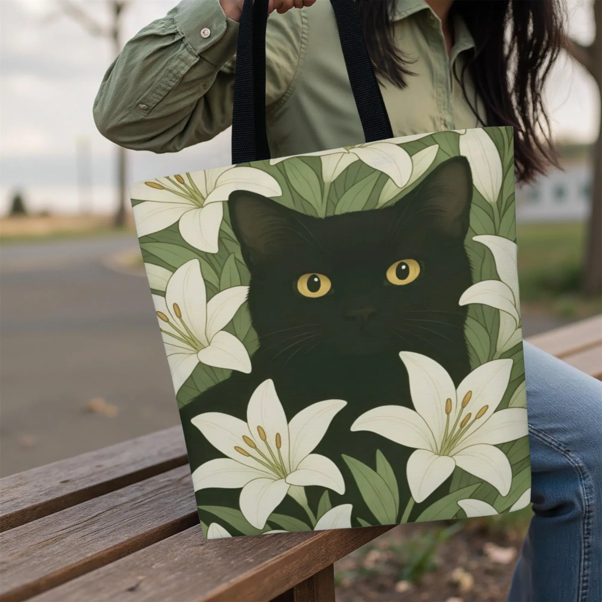 

Сумка-тоут с изображением подсолнуха и кота, дизайн «Черный кот и подсолнухи», прочная полиэстеровая сумка на плечо без застежки для работы, покупок, стильная