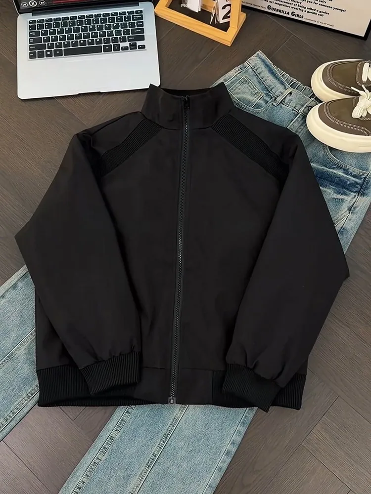 

Черная короткая мужская куртка в американском стиле с воротником-стойкой, деконструированная, весенне-осенняя, модная, в стиле бейсбольной формы