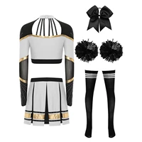 Women Cheerleading Cheer Performance Costume Dance Cosplay Outfit Long Sleeve Crop Top And Pleated Skirt Flower Balls Stocks Set 2