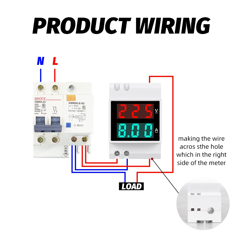 Voltmeter Ammeter DIN Rail 2 IN 1 AC 50-500V 1-63A  Led Display Voltage Display Current Display High definition an High Accuracy