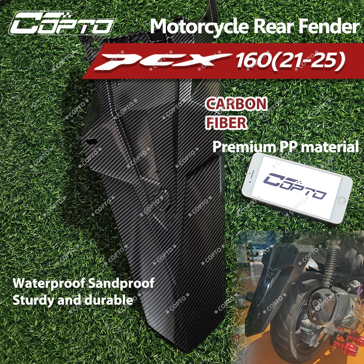 Carbon Fiber Style Rear Fender Replacement for PCX160, Waterproof Durable Scooter Mudguard Easy Installation