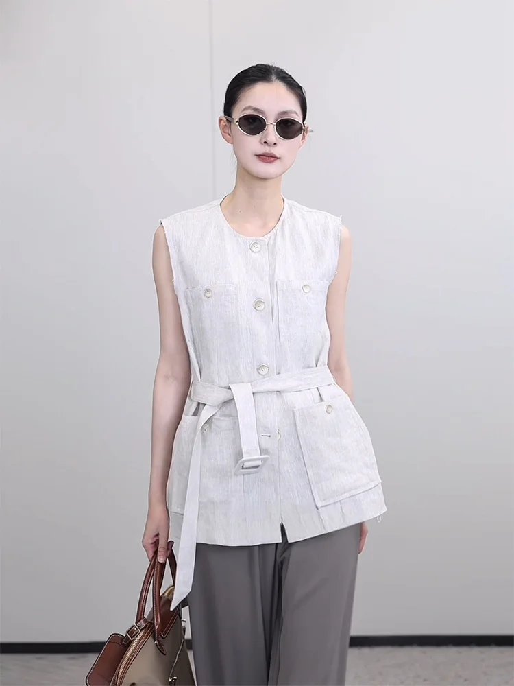 

Летний льняной жилет Jieji Zhang, роскошный, с круглым вырезом, с поясом, женский, для повседневной носки, однотонный