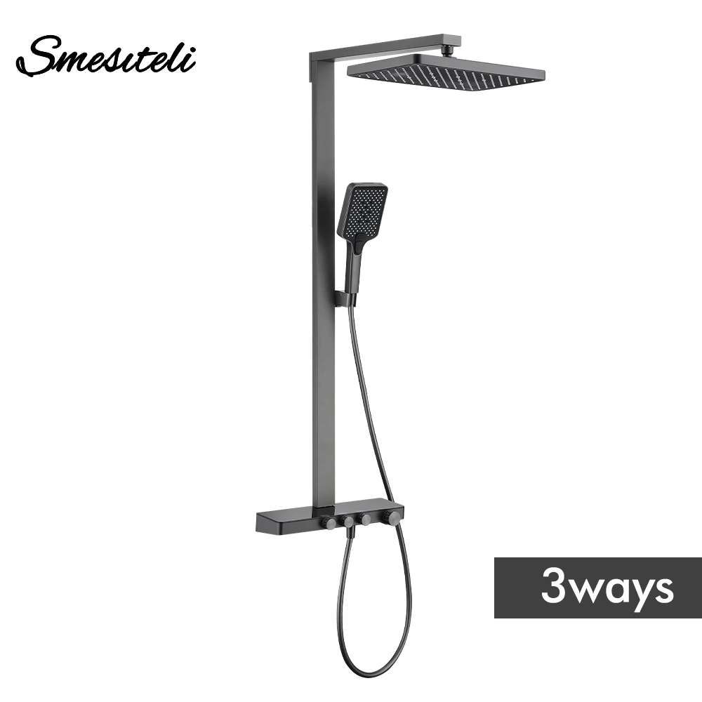 Sistem Keran Pancuran Air Panas dan Dingin 3 Jalur Model Dinding dengan Lengan Putar Putih, Keran Rainfall, Rak Kamar Mandi, Set Mixer Pancuran Warna Gunmetal