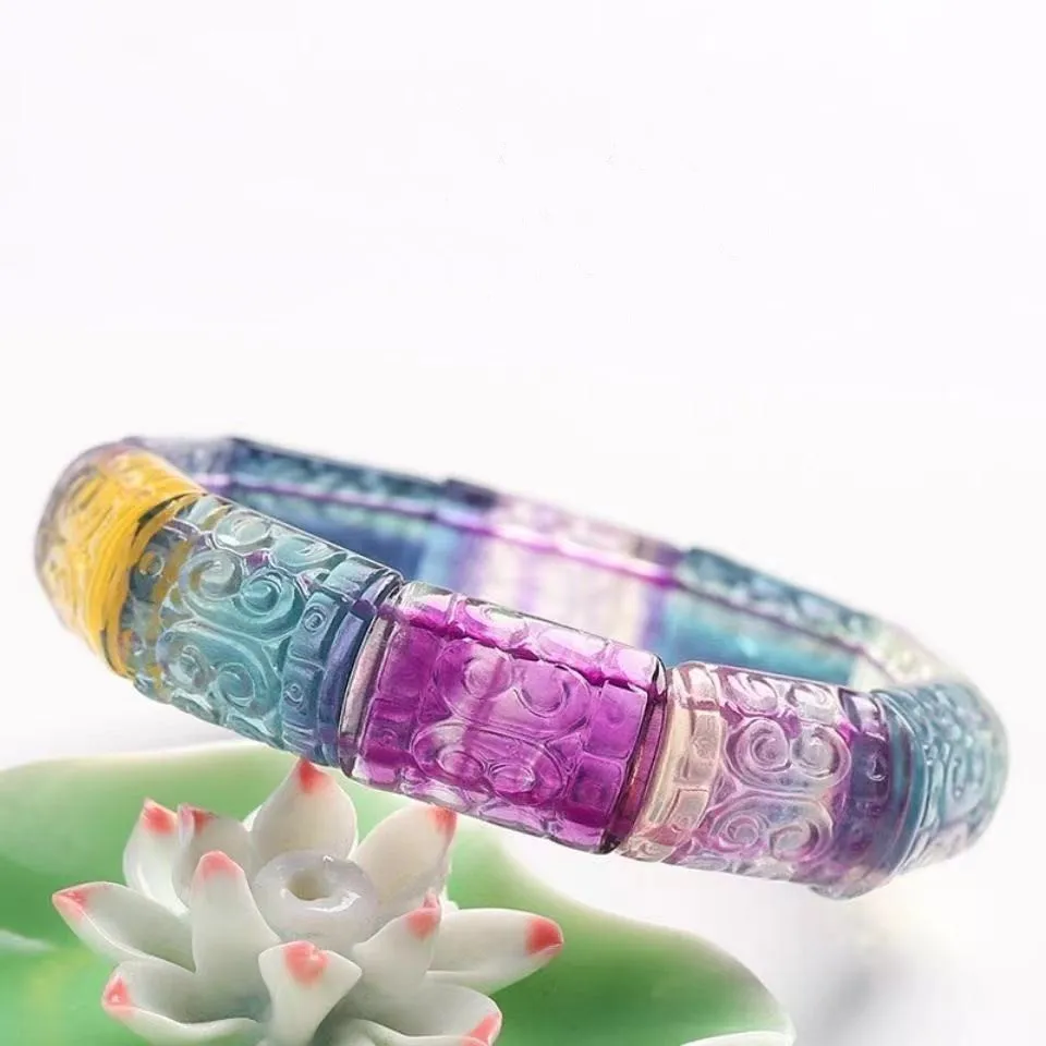 

Genuine Natural Colorful Fluorite Quartz Flower Carved Clear Beads Bracelet 17x13mm Fashion Jewelry Women Men AAAAA