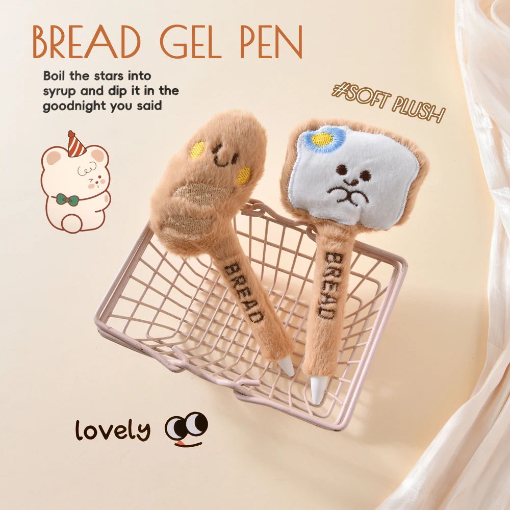 Creative Cheese Bread Design​ Plush Gel Pens 0.5mm Black Quick-drying Click Pen for School Office Writing & Signature Stationery