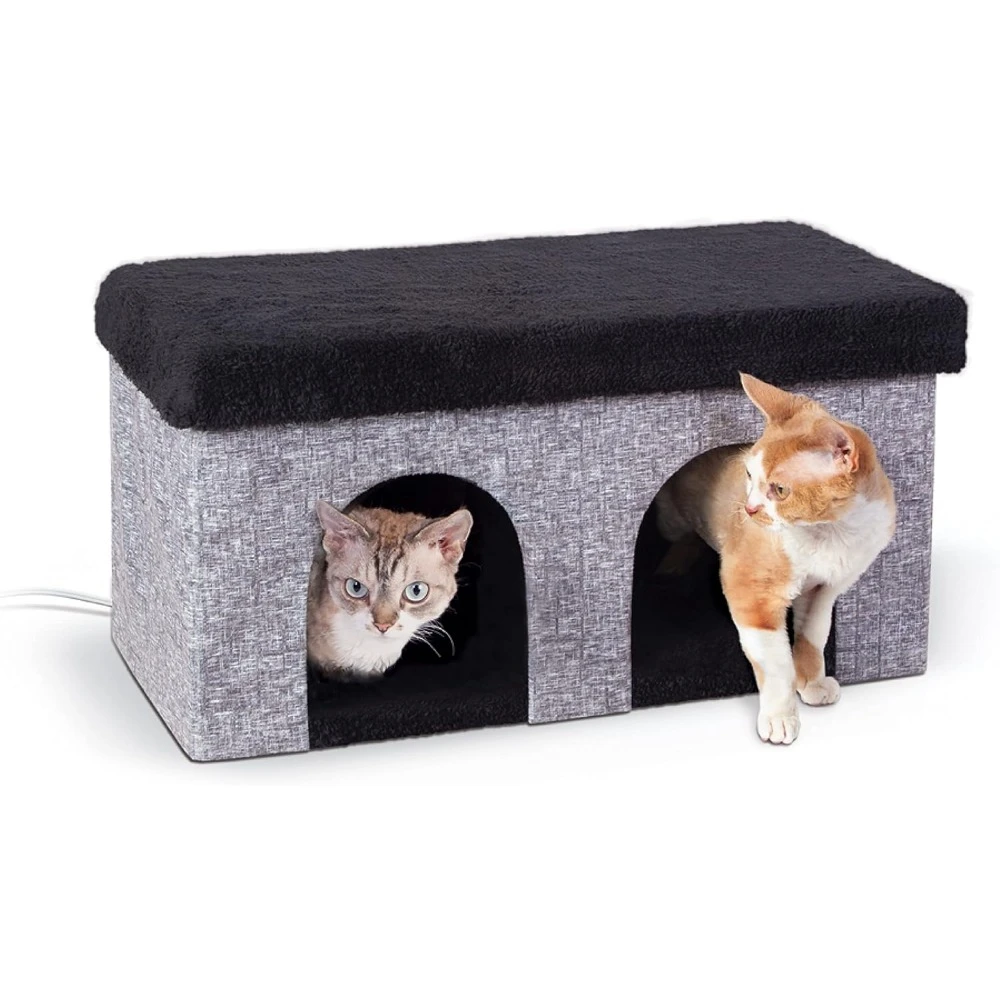 

Duplex Indoor Heated Cat House, Large Cave for Pet Heated Cat House, Foldable Cat Hideaway Classy Gray.