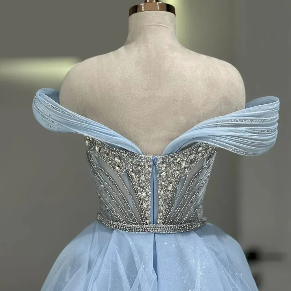 Vestidos de noite luxuosos personalizados com contas árabes, ombro de fora, divisão frontal, vestido de festa de casamento com trem destacável