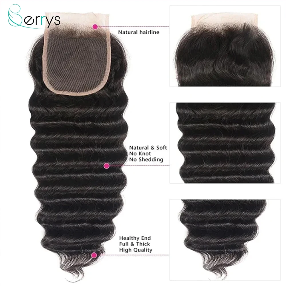 BerrysHair Loose Deep Human Hair Bundles With Closure Indian Hair Weave 3/4 Bundles With Lace Closure Wavy Human Hair Extensions