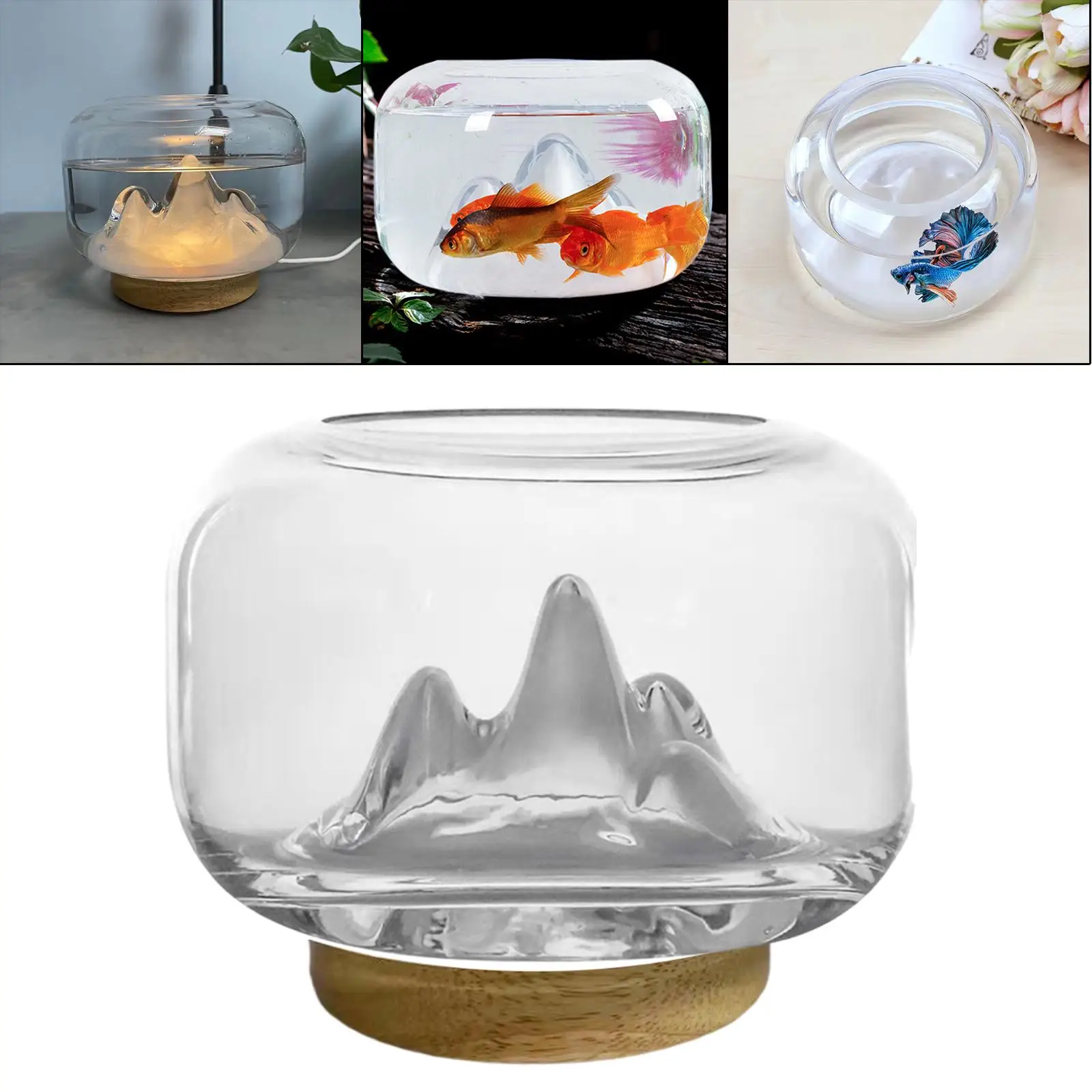 Snow Mountain Fish Bowl Glass Aquarium Tank Adjustable Light Shrimp Goldfish Small Betta for Garden Office Home Bedroom Decor