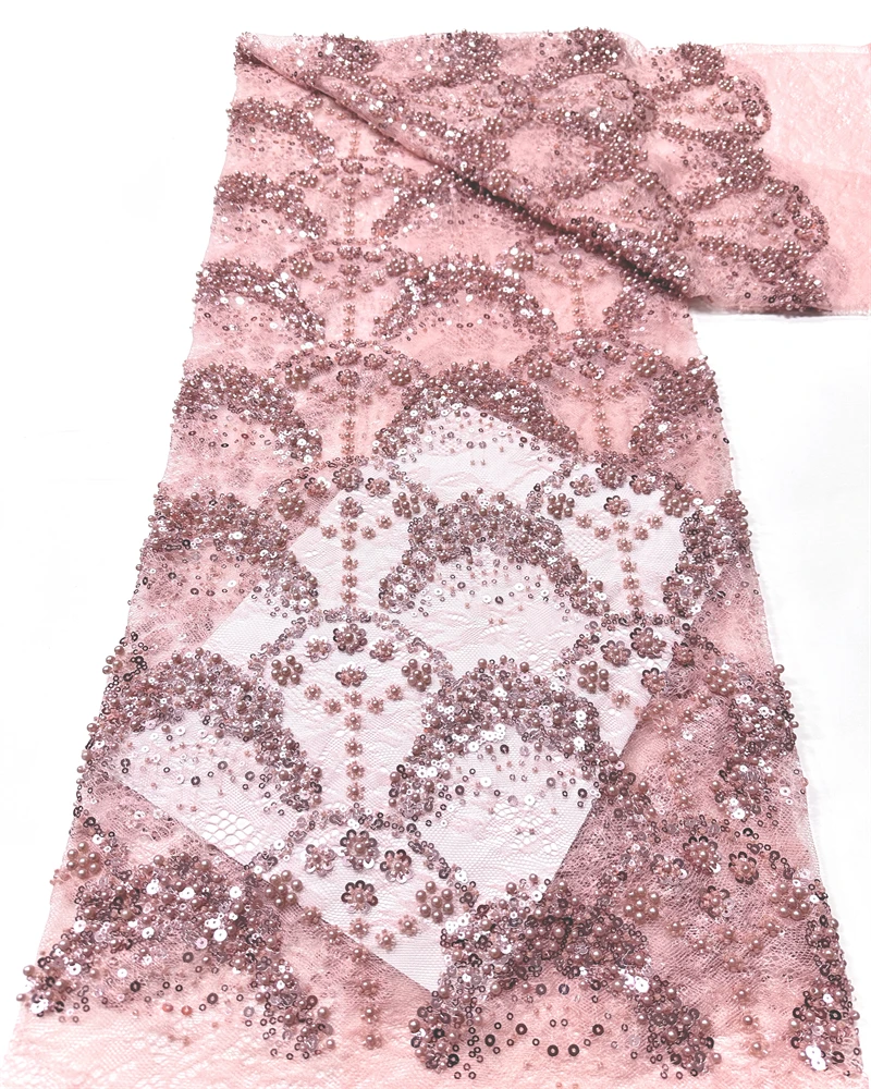 

Luxury French Embroidery Beaded Sequins Lace Fabric for Wedding Dress African Nigerian Style Sewing Material