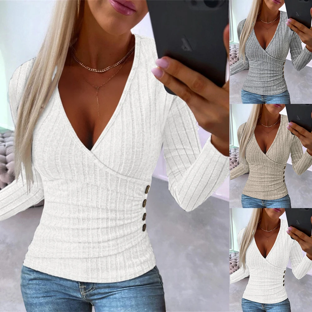 Women\'s Autumn Ribbed V Neck Wrap Tops Elegant Ladies Slim Long Sleeve Pullover Jumper T-Shirt Clothing 2023