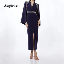 Sunflower Navy Blue V-Neck Beading Mermaid 2024 Slim Crepe Cope Ocassion Gown Ankle-Length Formal Evening Dress Party Dress