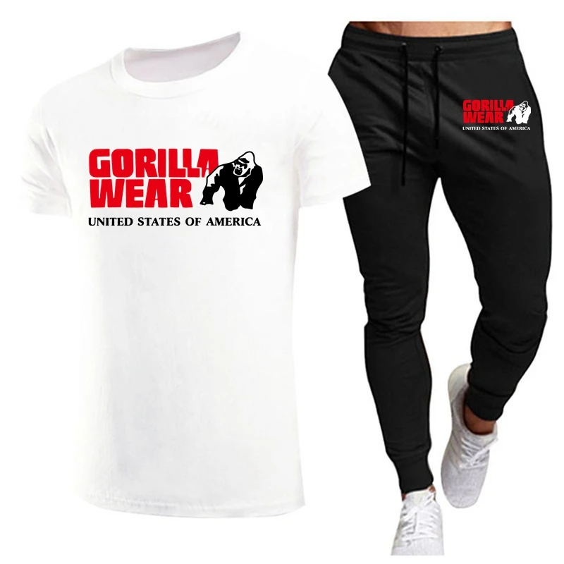 High quality summer new cotton T-shirt men\'s sports round neck short sleeves + casual sports leggings suit Gorilla logo set