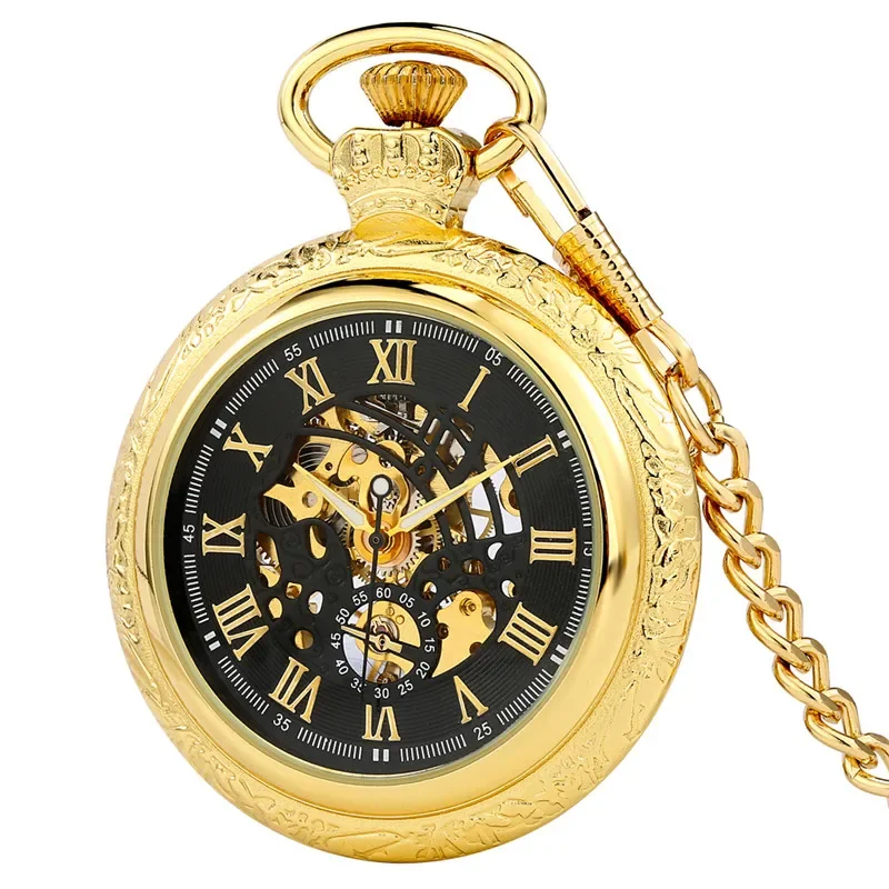 Luxury Yellow Gold Unisex Handwinding Mechanical Pocket Watch Roman Number Display Luminous Hands Pendant Chain Gift