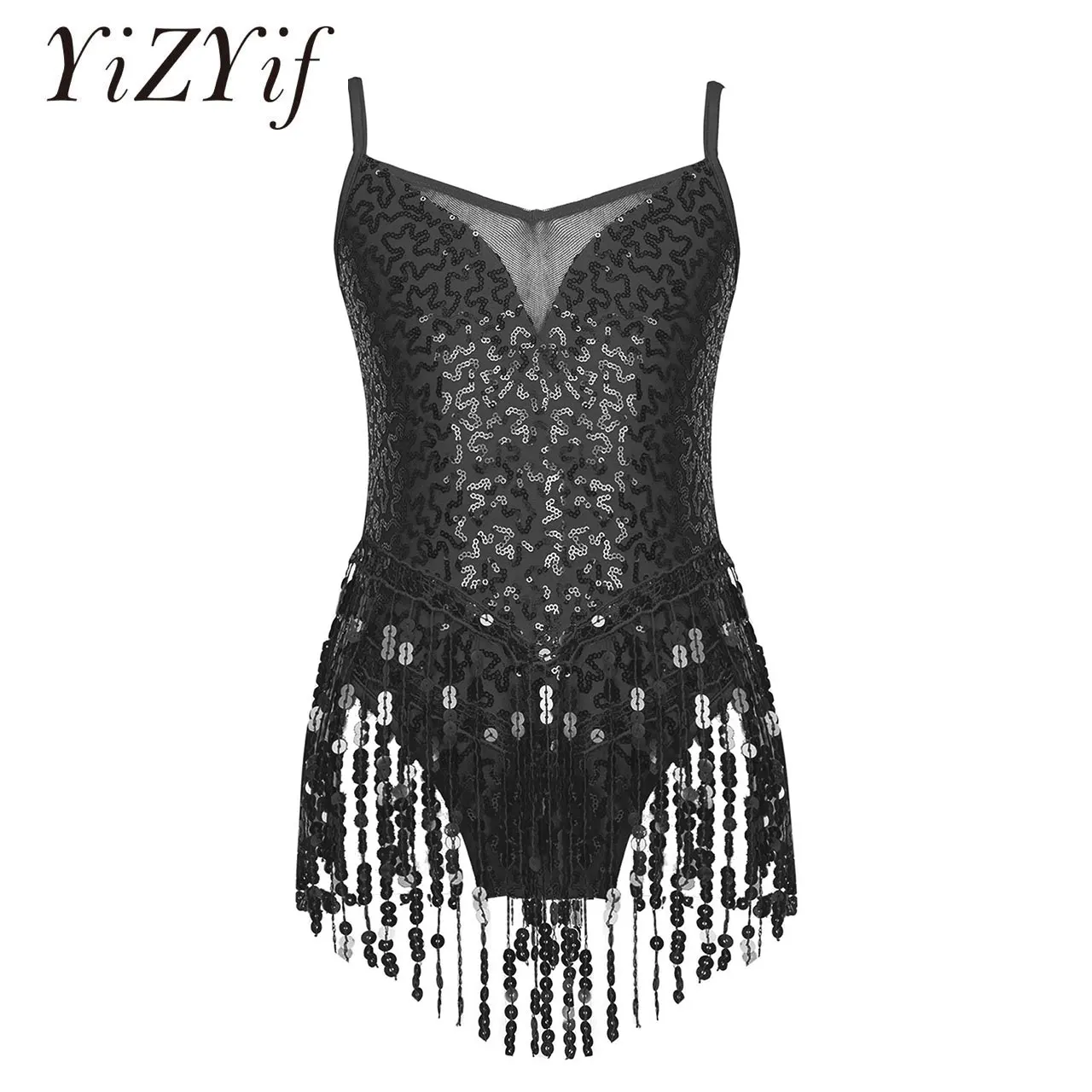 เด็กสาว Sequins พู่ Leotard Bodysuit Latin Jazz Dance ยิมนาสติกบัลเล่ต์ Fringed Leotard Jumpsuits สำหรับประสิทธิภาพ