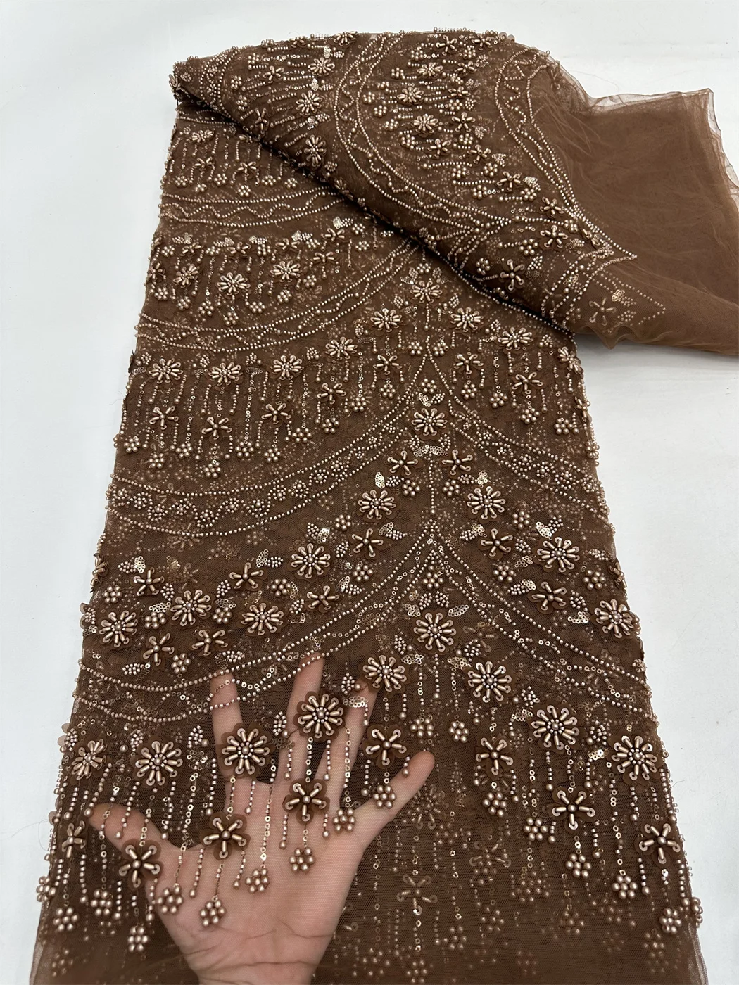 

High-Quality African Sequined Beaded Lace Fabric 2025 Nigerian Embroidered Cotton Handmade 5Yards for Women's Party Dresses