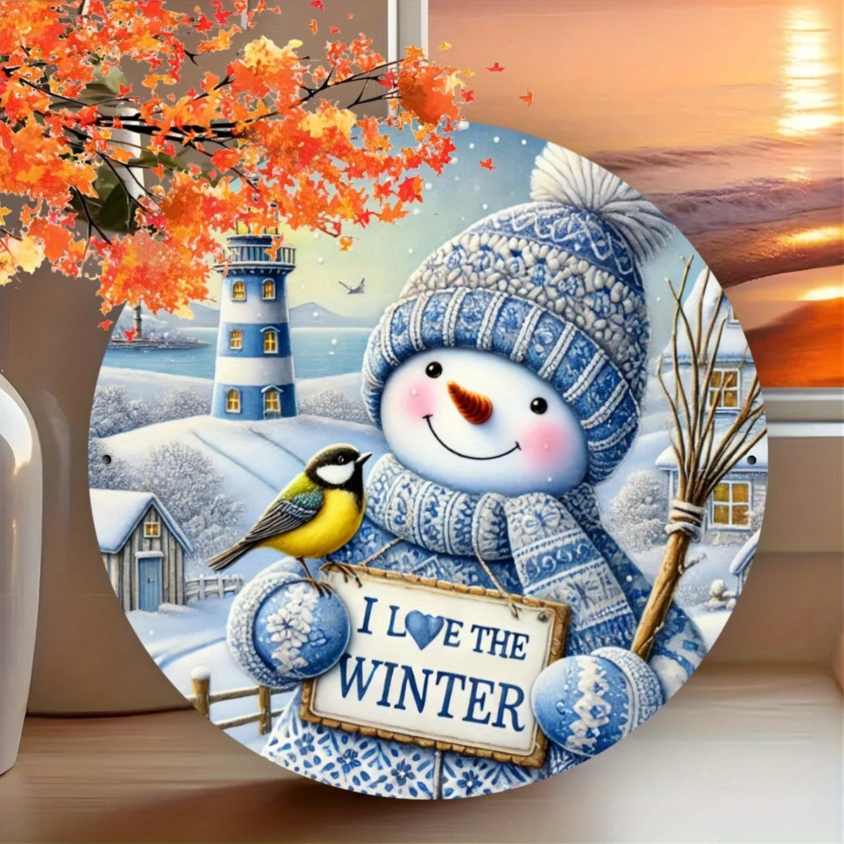 Winter-Schneemann-Wanddekoration: 20,32 x 20,32 cm großer Kunstdruck aus Eisen mit „I Love the Winter“-Schild