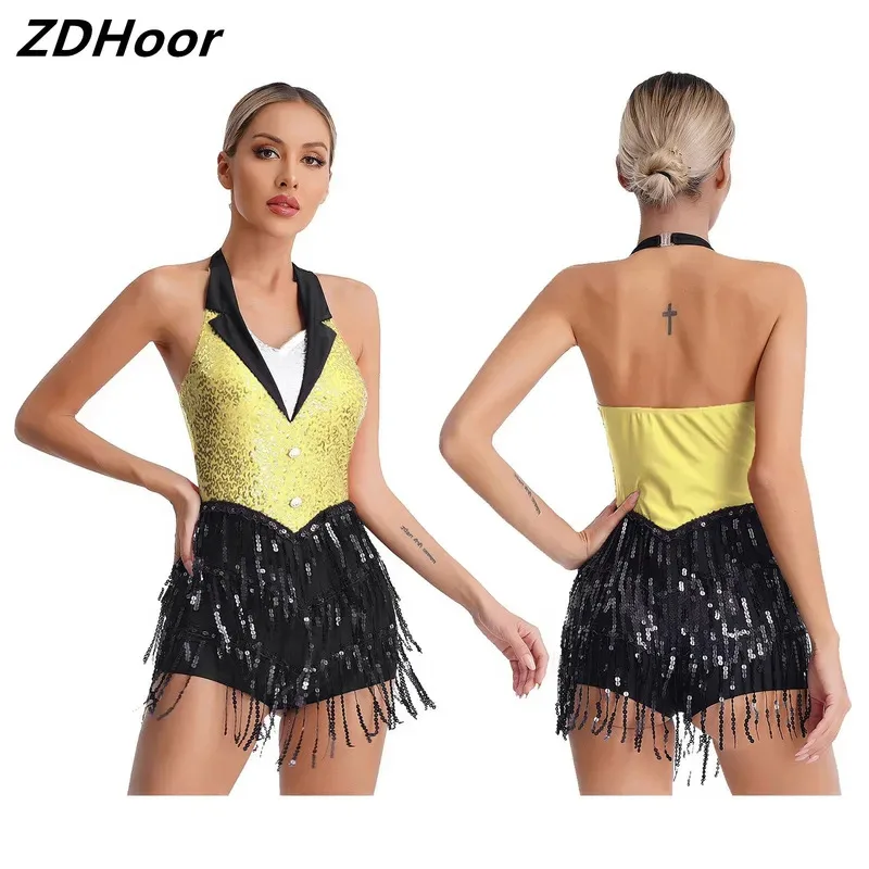 

Женский купальник с кисточками для джазовых латинских танцев, костюм с лямкой на шее и открытой спиной, блестящий комбинезон с бахромой и блестками, танцевальная одежда без рукавов