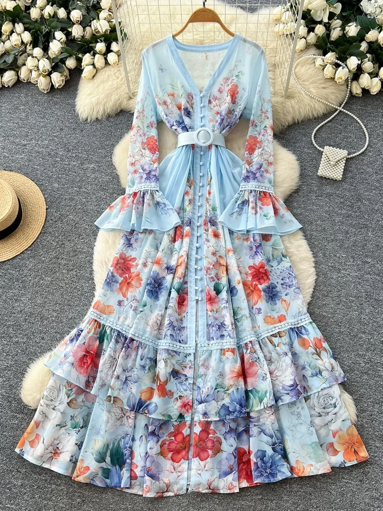 

Элегантное женское платье с V-образным вырезом и цветочным принтом, с длинными рукавами, А-силуэт, для офиса, из полиэстера, с завышенной талией