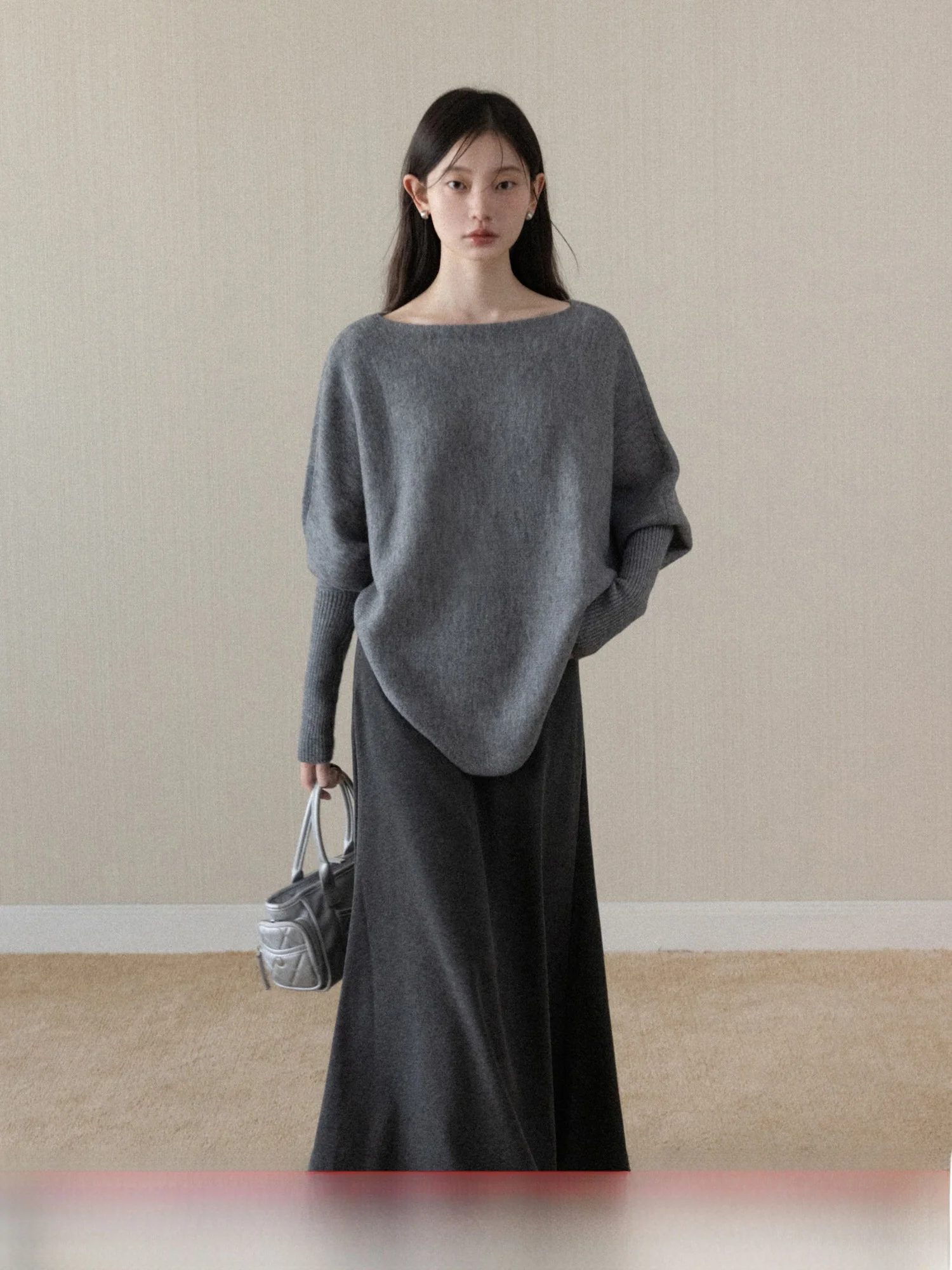 

Winter Women's Fashion Sweater Batwing Sleeve Fish Tail Skirt Set Breathable Medium Thickness Non-Fur Lined Casual Wear