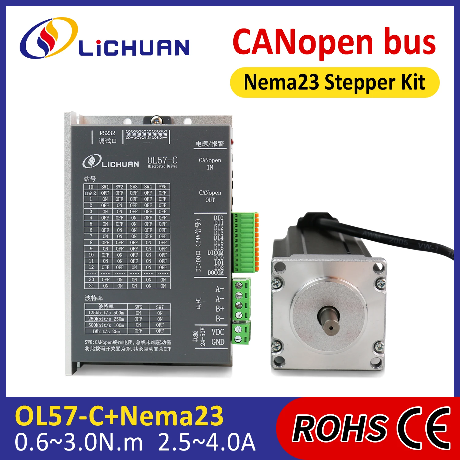 Lichuan 2.5/3/4A DC24V～50V Stepper Motor Controller 2 Phase Nema23 0.6/1/1.5/2/2.2/2.6/3N.m Open Loop Stepper Motor Drivers Kit