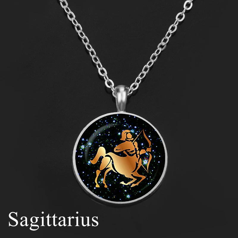 12 Constellation Necklace Orange Zodiac Sign Glass Cabochon Pendant Silver Color Chain Necklace