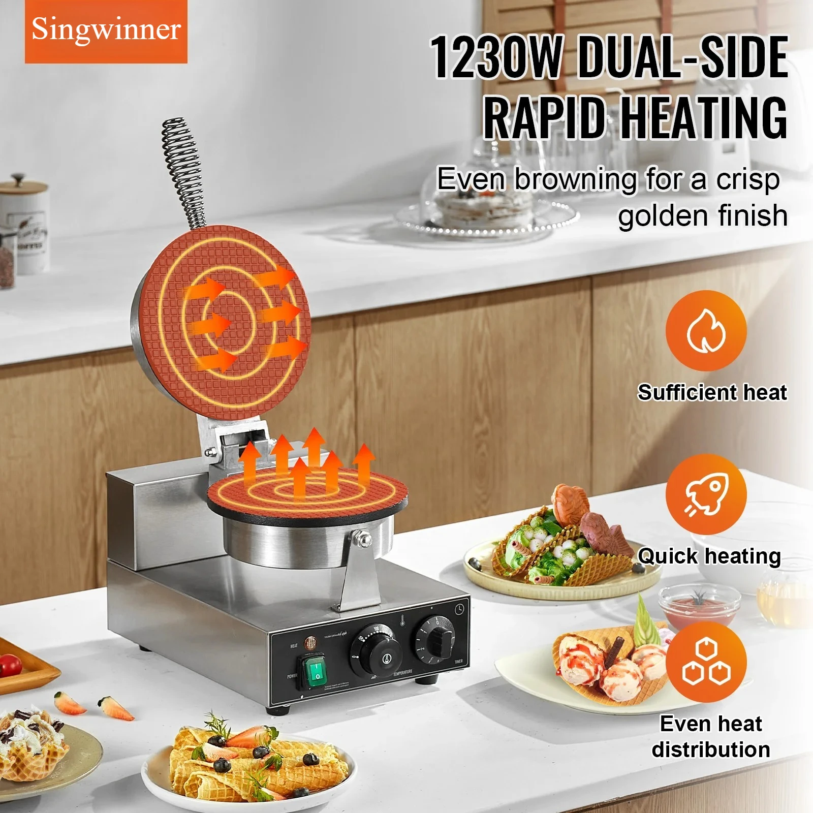 Electric Ice Cream Cone Maker Commercial 1230W Non-Stick Stainless Steel Egg Roll Mold w/ Temperature and Time Control