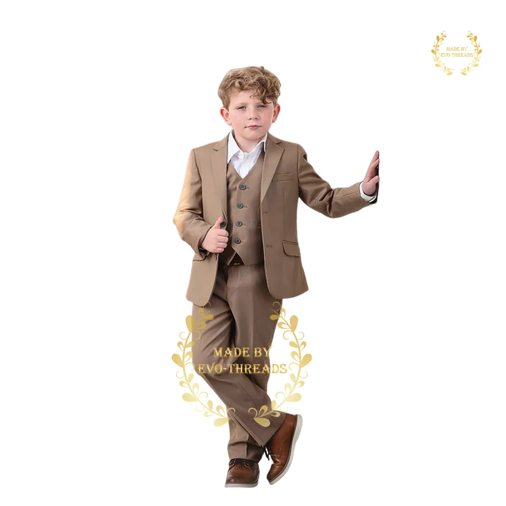 Boys' Desert Beige 3-Piece Suit, Customized Formal Attire Ensemble for Children, Wedding School Performance Tailcoat