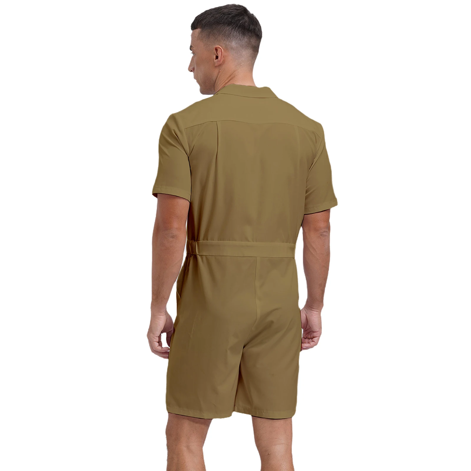 Zip frontal masculino macacão de fundo curto, agasalho, macacão elegante, macacão de gola virada para baixo, bodysuit de manga curta