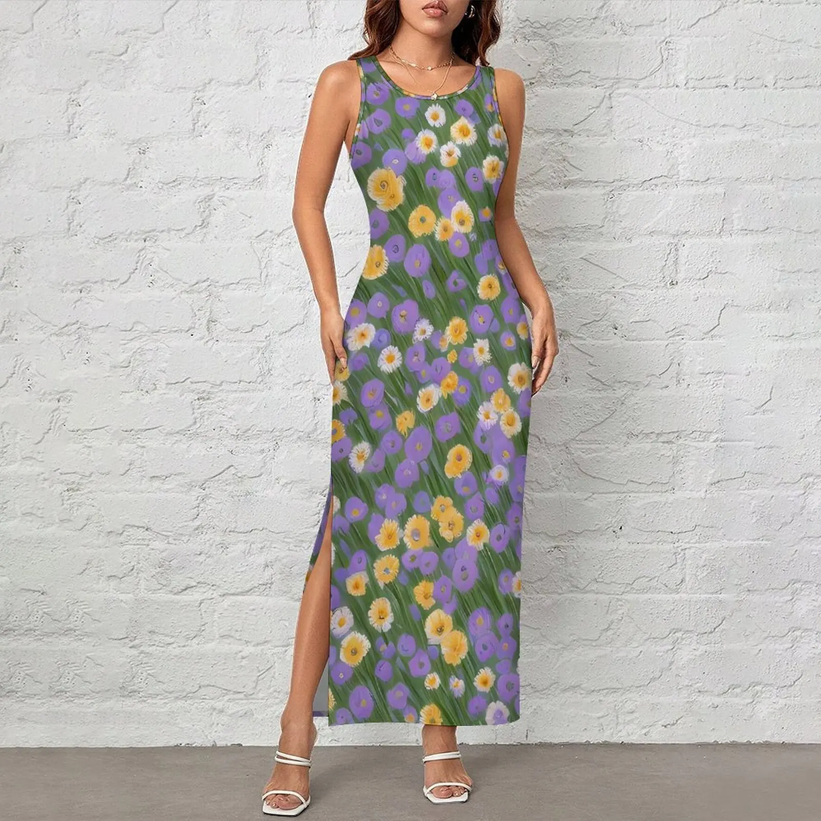Women Floral Ditsy Dress Yellow And Purple Fashion Bodycon Dress Summer Sleeveless Casual Maxi Dresses Design Oversized Clothing