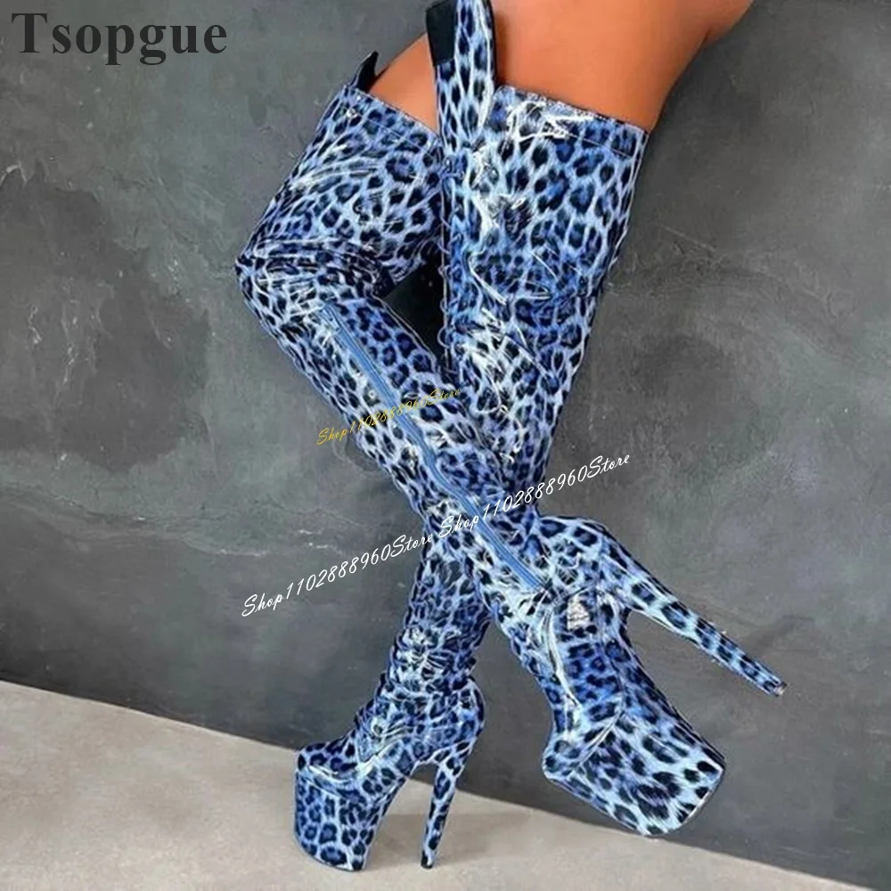 Over The Knee Platform Blue Leopard Print Boots Thin High Heel Women Shoes Side Zipper Round Toe 2024 Sexy Zapatos Para Mujere